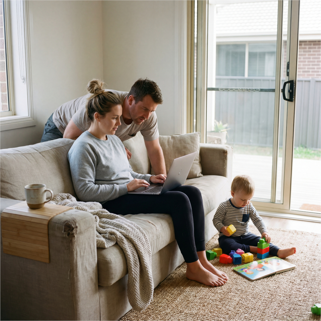 Couple sitting in living room creating a will online with willfully